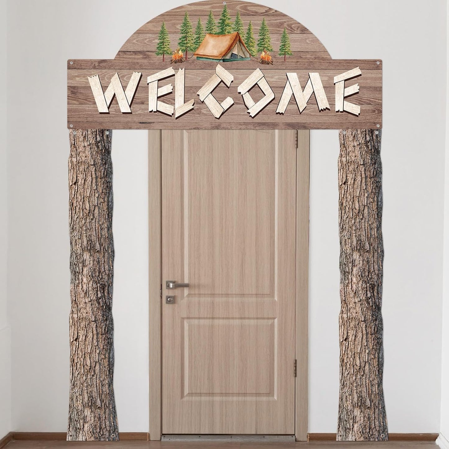 Peryiter 3 Pcs Camping Themed Party Decorations Banner Welcome Porch Sign with 1 Double Sided Tape for Summer Camp Birthday Hawaii Baby Shower Themed Party Activity Decor door (Forest Style)