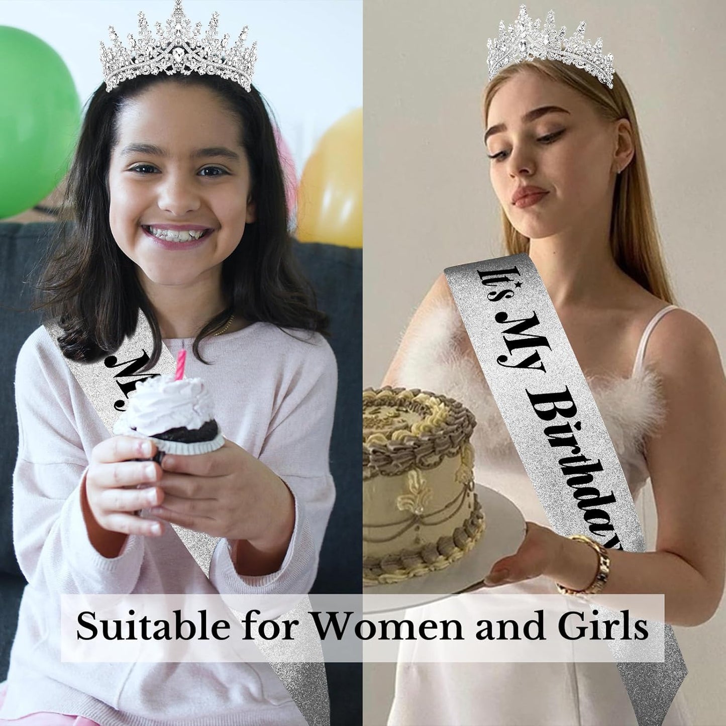 CURASA Birthday Tiara and Sash - Silver Birthday Crown for Women, Perfect for Parties and Celebrations