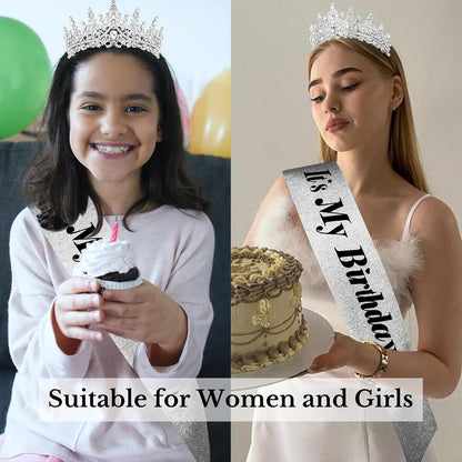 CURASA Birthday Tiara and Sash - Silver Birthday Crown for Women, Perfect for Parties and Celebrations
