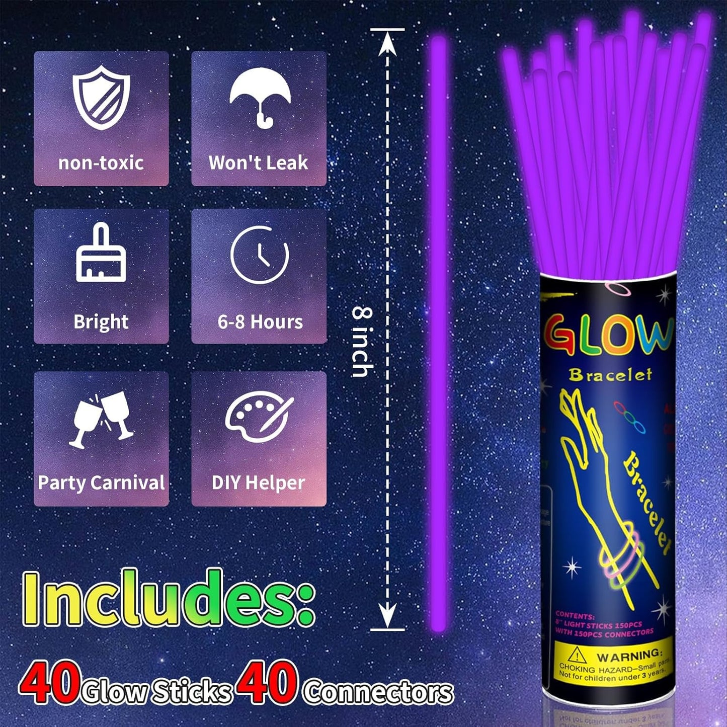 40 Pack 8” Red Glow Sticks Bracelet Necklaces Bulk with 40 Connectors Neon Glow In The Dark Party favors Supplies for Holiday Birthday Party Decoration (Red)