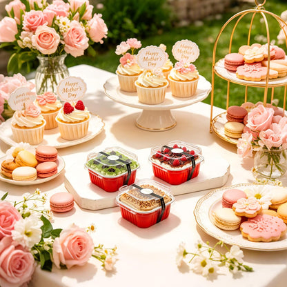 NPLUX 50 Pcs Mini Cake Pans with Lids and Spoons Aluminum Foil Mini Square Baking Cups with Lids Disposable Ramekins Cake Pans Dessert Cups for Wedding Mothers Day Gifts Party Favors(Pink,5oz)