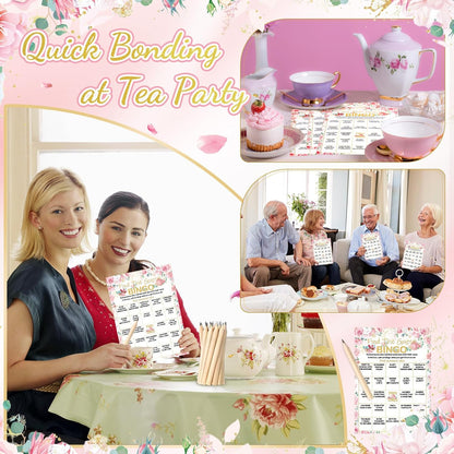 Pasimy 50 Pcs Find the Guest Game Bingo Cards with 20 Pcs Pencils Bridal Shower Wedding Bingo Game Pink Flower Tea Party Activity Favor Supply for Engagement Birthday Baby Shower Bachelorette, 5"x7"