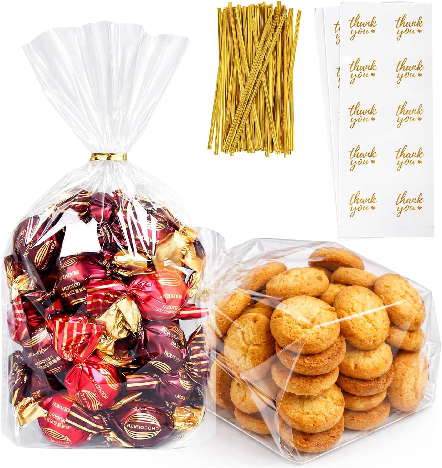 Cellophane Treat Bags, 5x7 Inch Iridescent Cellophane Bags with Thank You Stickers and Twist Ties, Celebrations Baby Showers Weddings Birthday Party Gift Wrapping(Pack of 100)