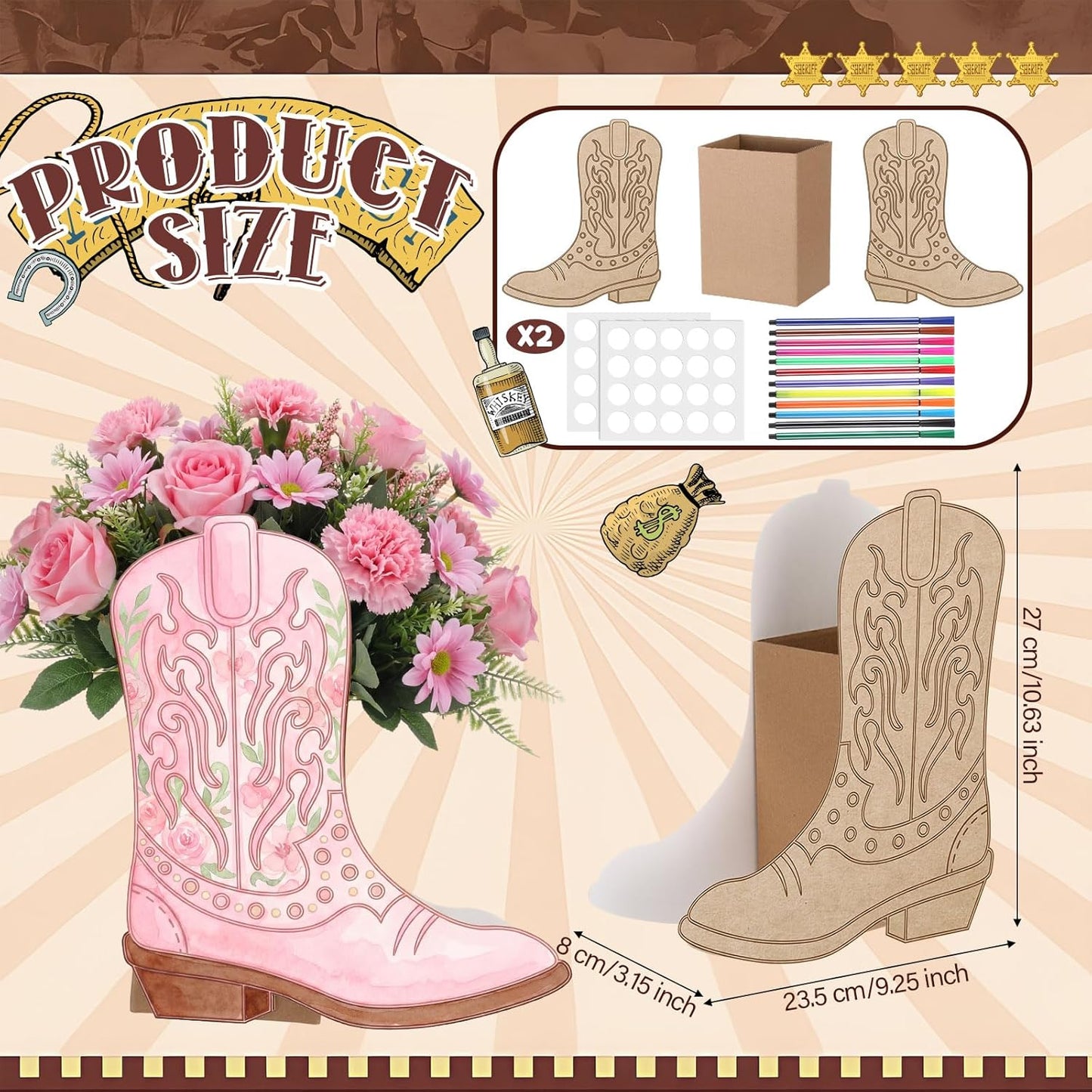 Dunzoom 8 Set DIY Western Cowboy Boots Flower Boxes Crafts Western Cowgirl Centerpiece for Table Cowboy Boot Scratch Art Kit Cowgirl Flower Boxes to Paint Wedding Birthday Party Supplies(Brown)