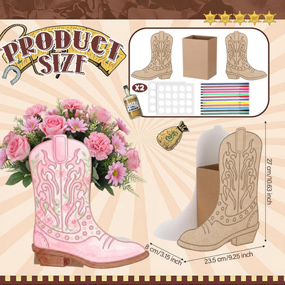 Dunzoom 8 Set DIY Western Cowboy Boots Flower Boxes Crafts Western Cowgirl Centerpiece for Table Cowboy Boot Scratch Art Kit Cowgirl Flower Boxes to Paint Wedding Birthday Party Supplies(Brown)