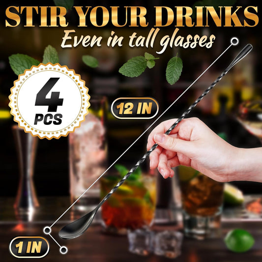 4 Pcs Bar Spoon Cocktail Mixing – Stirs Deep Glasses All the Way to the Bottom, Even Mixing & Easy Drink Layering – 12'' Long Balanced Stainless Steel Cocktail Stirrers for Drinks with Twisted Handle