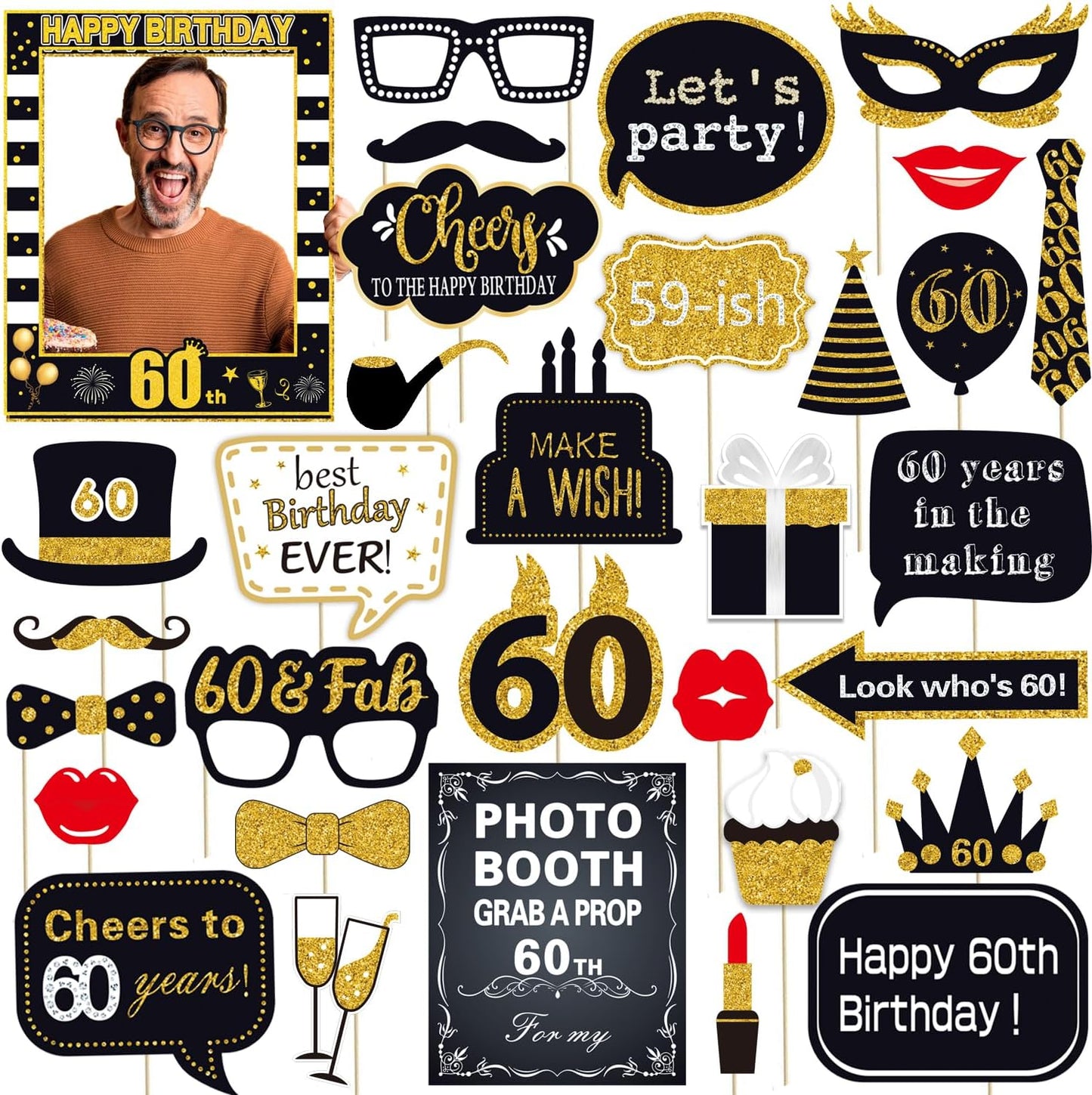 32pcs 60th Birthday Photo Booth Props for Men Women, 60 Birthday Selfie Props Kit, Classic Black Gold Happy 60th Birthday Party Supplies, Cheers to 60 Years Old Bday Decor