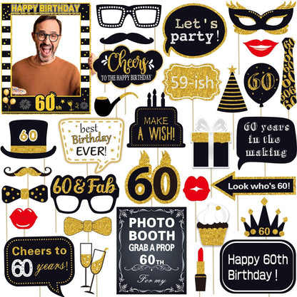 32pcs 60th Birthday Photo Booth Props for Men Women, 60 Birthday Selfie Props Kit, Classic Black Gold Happy 60th Birthday Party Supplies, Cheers to 60 Years Old Bday Decor