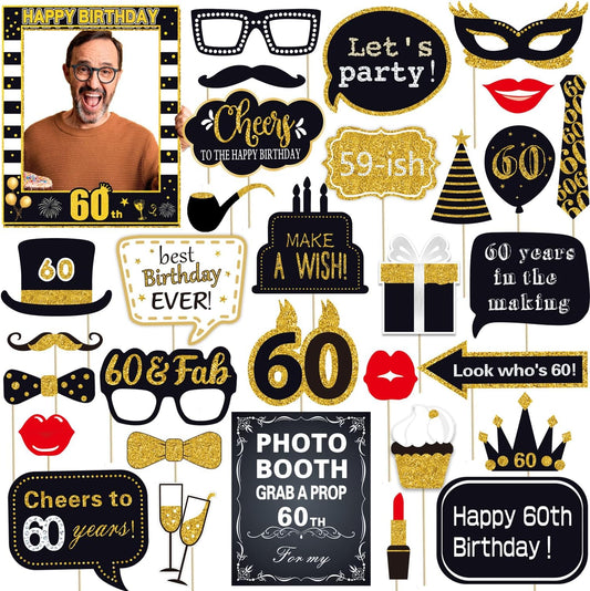 32pcs 60th Birthday Photo Booth Props for Men Women, 60 Birthday Selfie Props Kit, Classic Black Gold Happy 60th Birthday Party Supplies, Cheers to 60 Years Old Bday Decor