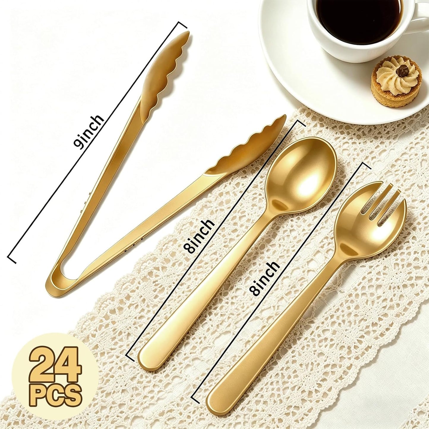 24 Pcs Black Plastic Serving Utensils Set - Heavy Duty Disposable Serving Spoons, Forks & Tongs (8 of Each) - BPA-Free Catering Supplies for Buffets, Parties, Weddings & Events (9 Inch)