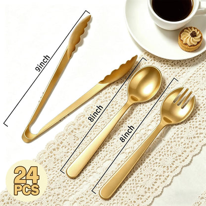 24 Pcs Black Plastic Serving Utensils Set - Heavy Duty Disposable Serving Spoons, Forks & Tongs (8 of Each) - BPA-Free Catering Supplies for Buffets, Parties, Weddings & Events (9 Inch)