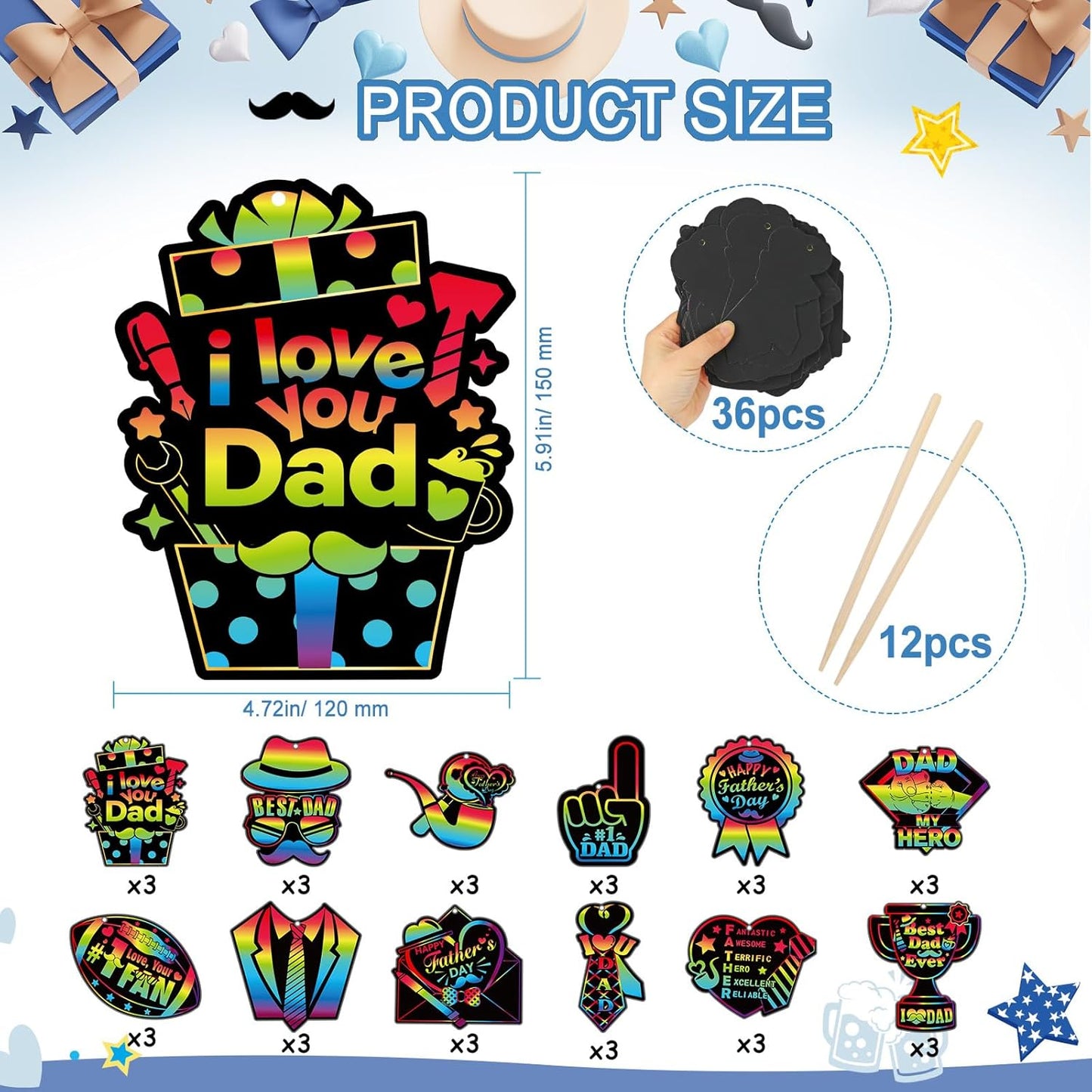 HOWAF 36pcs Father’s Day Scratch Paper Crafts Love Dad Scratch Cards Best Dad Rainbow Scratch Off Cards for Fathers Day Activity School DIY Drawing, Feliz Dia Del Padre Paper Scratch Pad for Kids