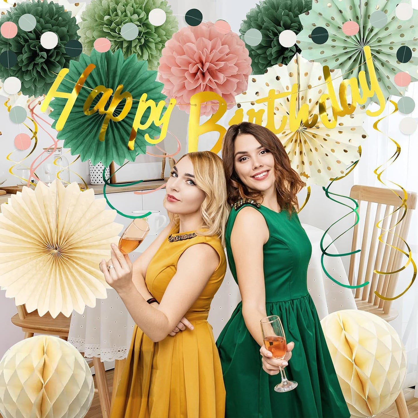 Sage Green and Pink Gold Birthday Party Decorations Kits with Happy Birthday Banner,Circle Dots Garland, Flower Pom poms,Honeycom Ball,Paper Fan,Swirls Hanging for Women Girls Decor Supplies