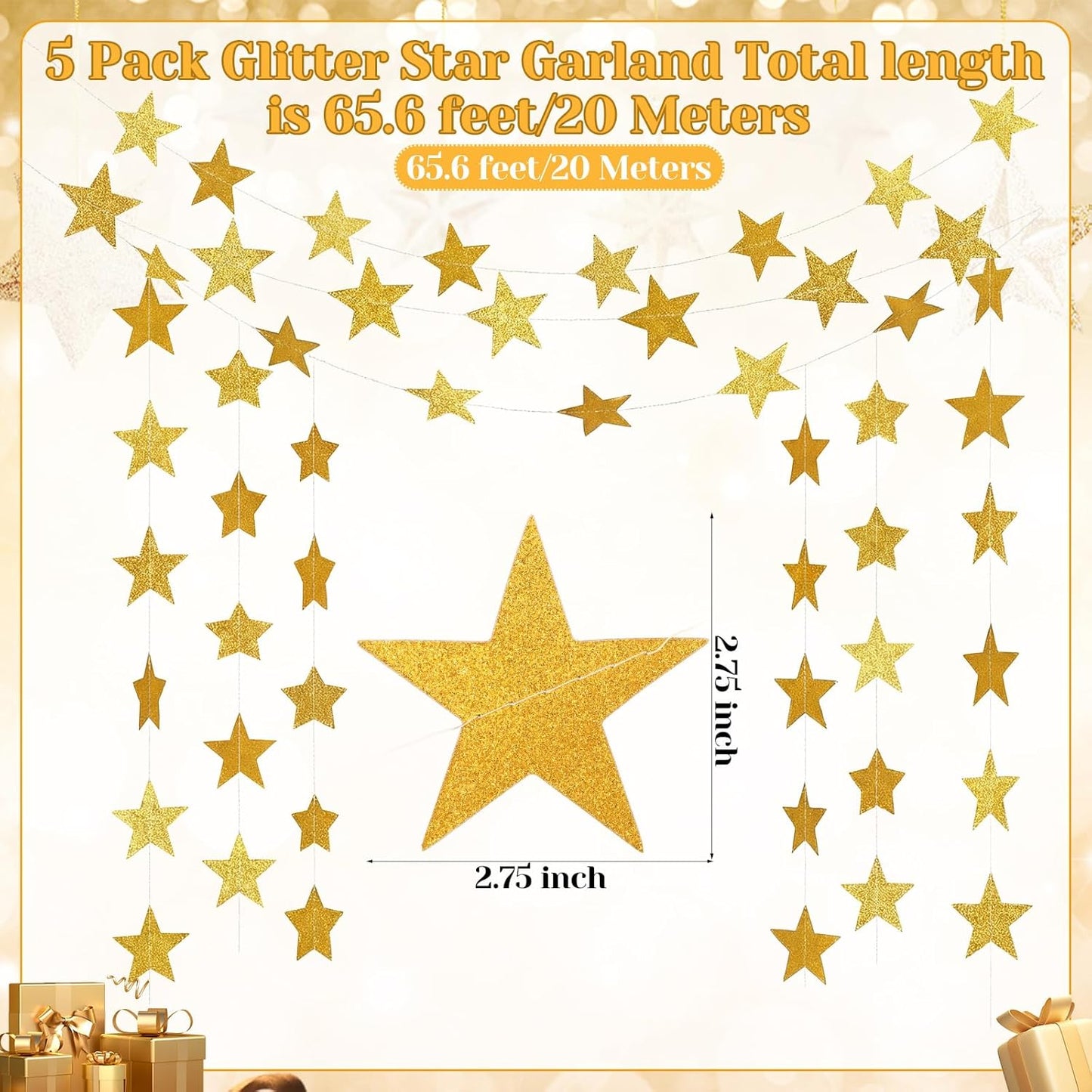 Spakon 65 Feet Glitter Star Paper Garland Banner Hanging Decoration Star Streamers Double Side 2026 Graduation Decorations for Wedding Birthday Festival New Year Party Decoration (Gold)