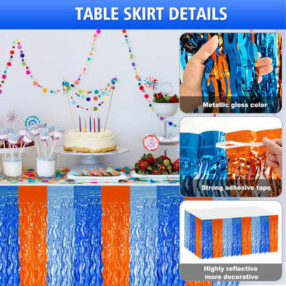 2 Pack 29.5x108 Inch Silver Foil Tinsel Fringe Table Skirts, Disposable Table Skirts for Rectangle Tables Curtains Backdrop Parade Wedding Floats Baby Shower Birthday Mardi Gras Party