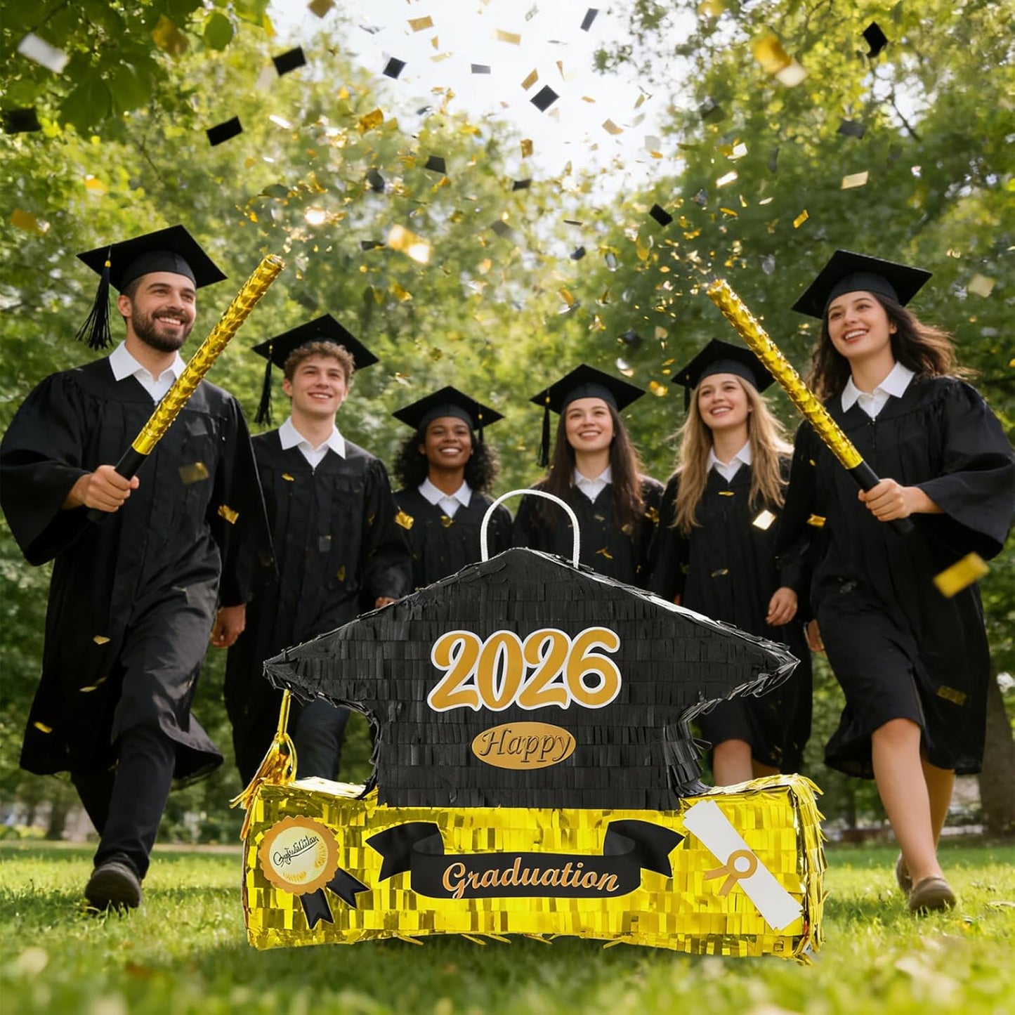 2026 Graduation Piñata with Stick,Blindfold,Confetti - 15.8 Inch Congrats Grad Cap Piñata Yellow End of Year Piñata Party Decoration for Kindergarten School Elementary College Games (Style 2)