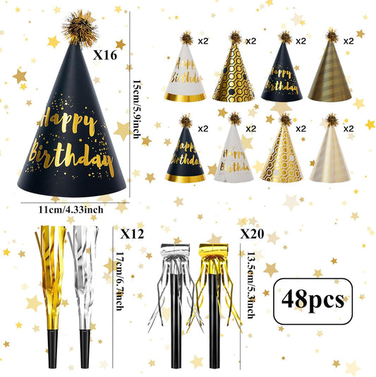 JOYEONDEF 48 Pcs Gold Birthday Party Cone Hats with Noise Makers – Includes 16 Gold Paper Hats and 32 Party Blowers for Birthday Party
