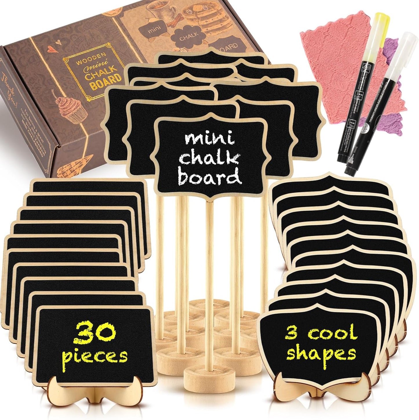 Mini Chalkboard Signs, 20 Pack Framed Small Chalk Board Food Labels with Easel Stand for Party Buffet or Wedding Celebration, Wooden Blackboard as Place Cards for Table Setting or Numbers (30)