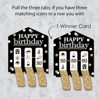 Big Dot of Happiness Adult Happy Birthday - Gold - Birthday Party Game Pickle Cards - Pull Tabs 3-in-a-Row - Set of 12