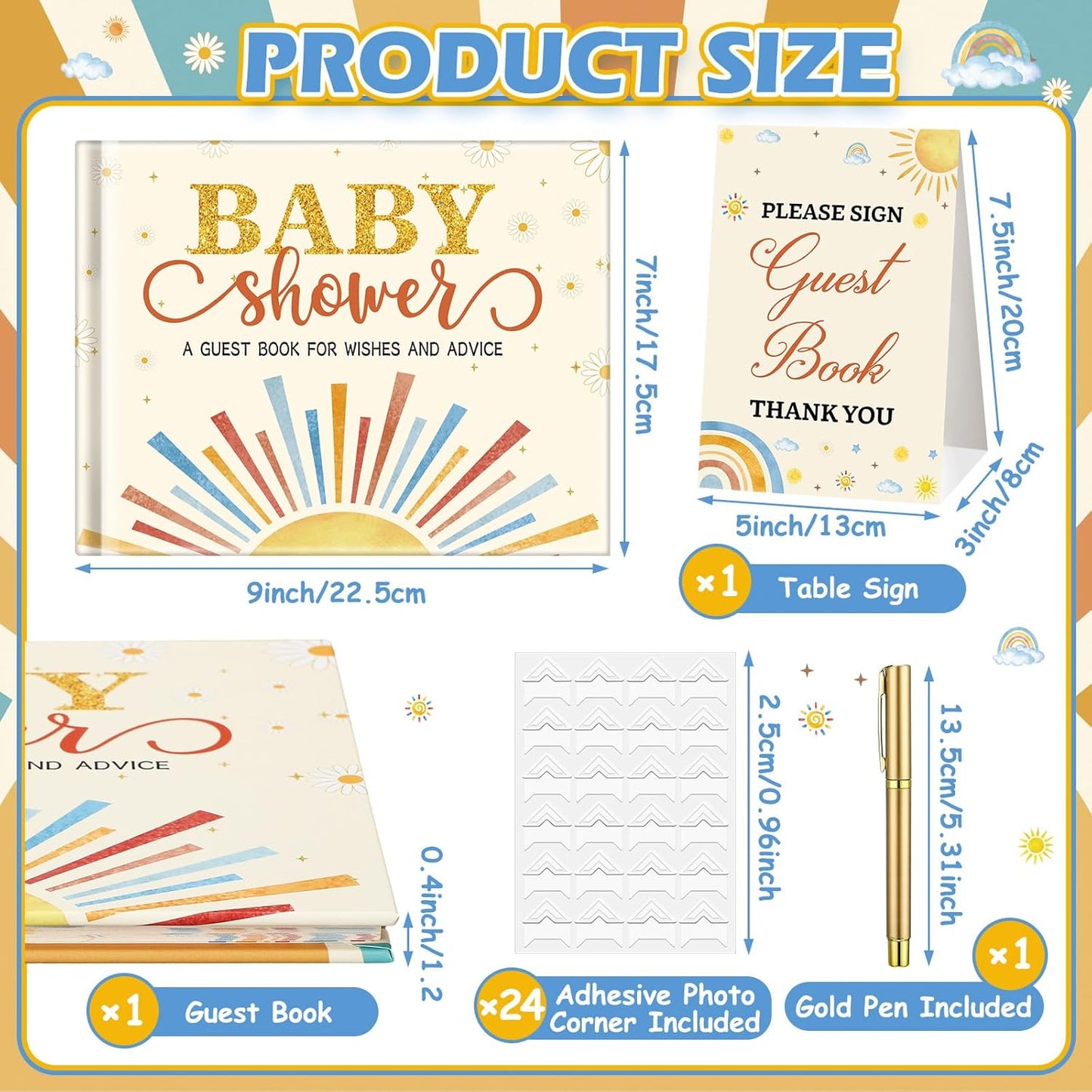 Fuyoooo 27 Pcs Safari Animal Baby Shower Guest Book Set Baby Shower Sign in Guest Floral Book Place Table Cards with Gold Pen Adhesive Photo Corner for Birthday Party