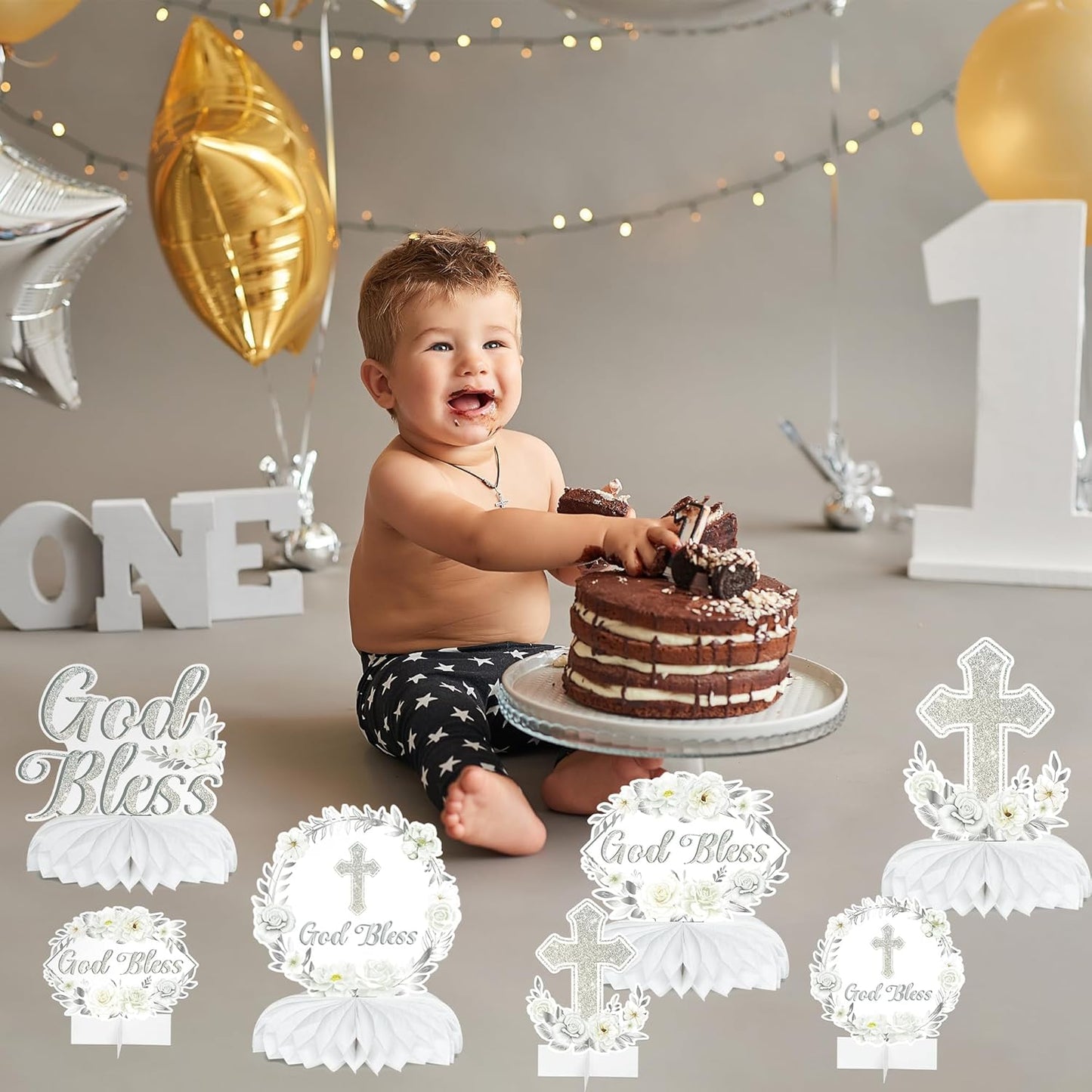 ANGOLIO Baptism Centerpieces Table Decorations - 12Pcs God Bless White Sliver Floral Honeycomb Centerpieces Party Supplies Cross Religious Table Toppers for Bible Baby Shower Birthday Party Favors