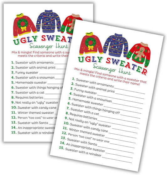 Ugly Christmas Sweater Party Scavenger Hunt Game | 30 pk 5.5 x 8.5” Holiday Party Decorations Adult Bulk Invitation Retro Funny