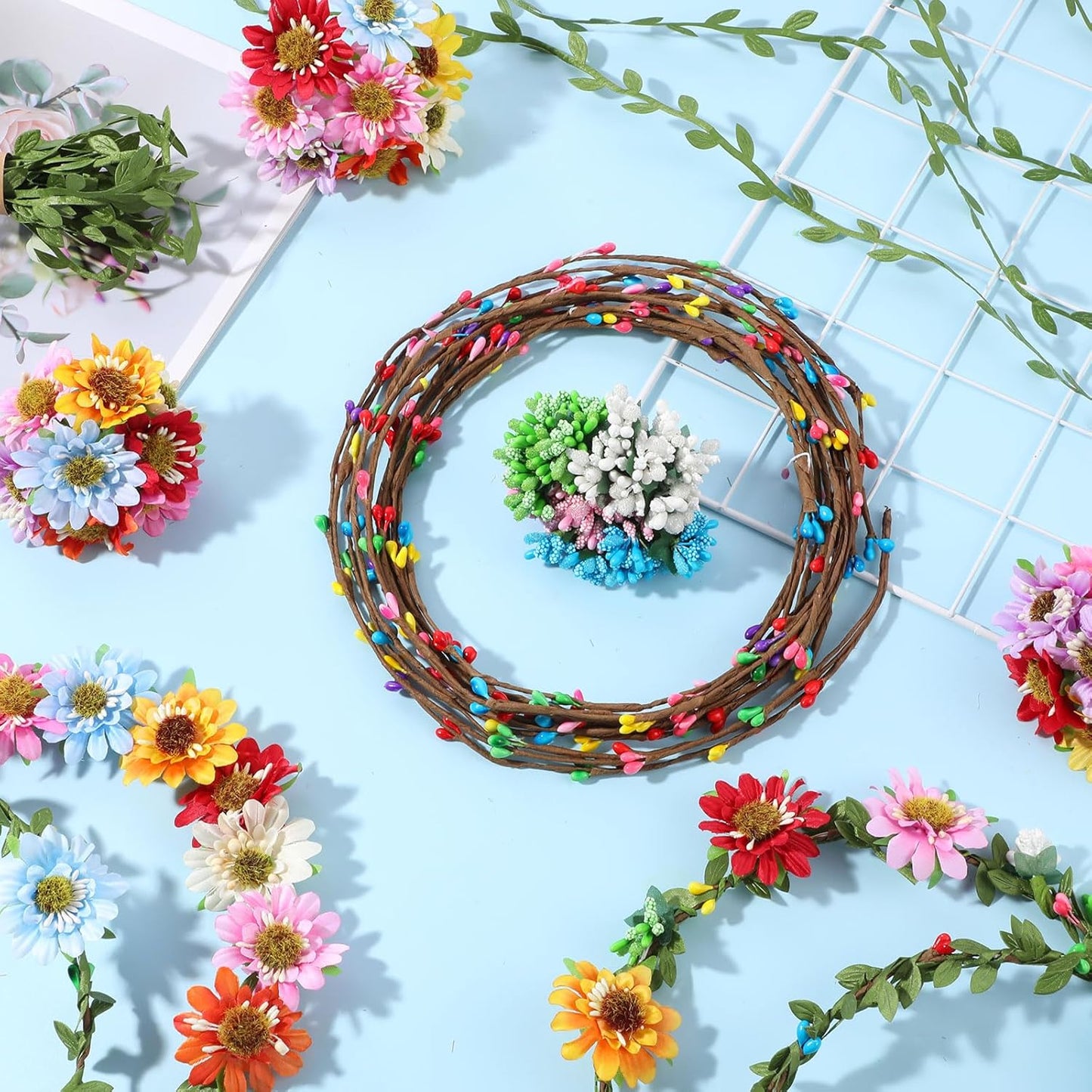 Zeyune 20 Sets Spring Tea Party Favor Flower Crowns Making Kit, Make Your Own Flower Crown Wreath Garland Headbands Craft Kit Handmade DIY Fairy Floral Hair Accessories Gift for Women(Daisy)