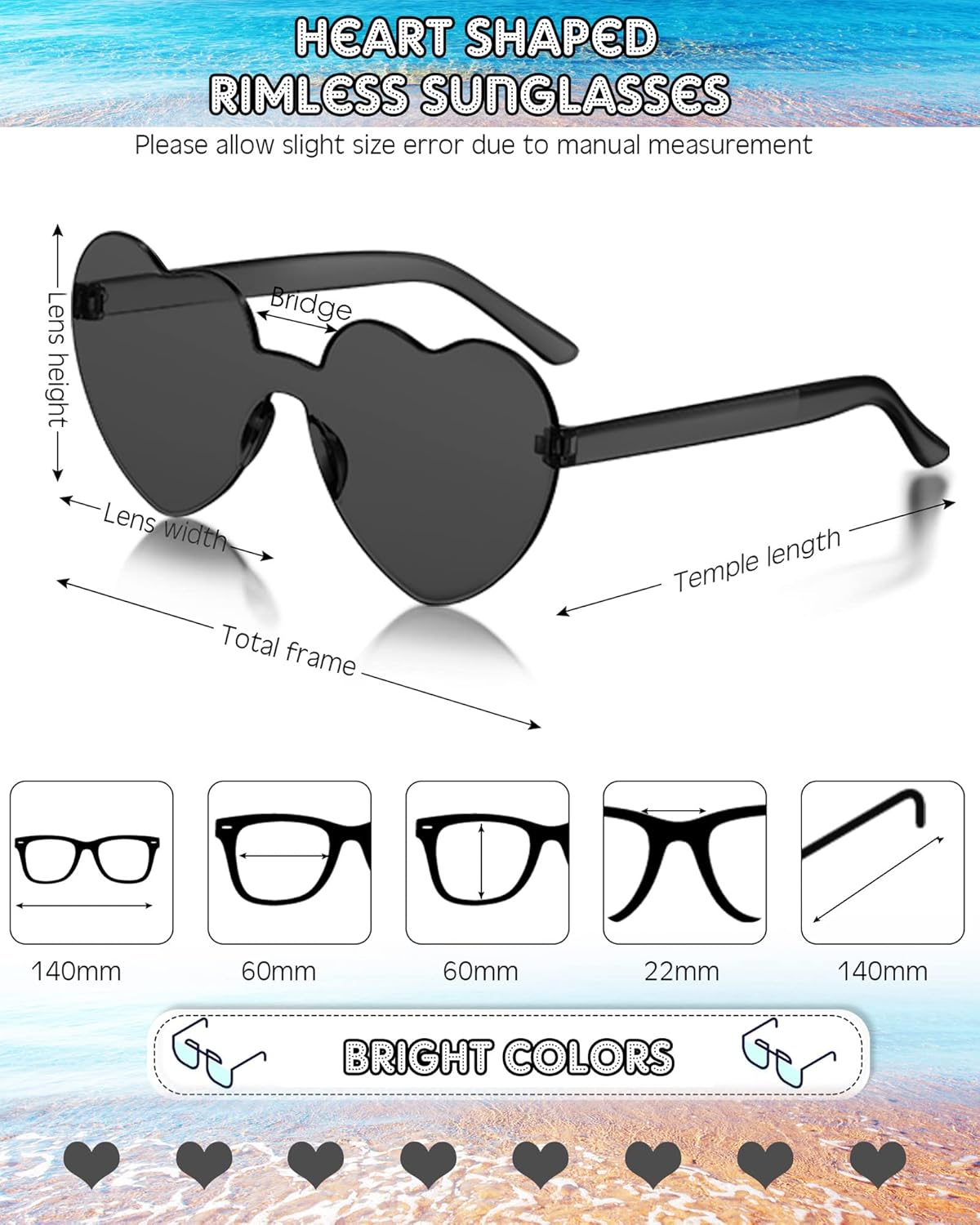 Frienda 8 Pairs Heart Shaped Sunglasses for Women Rimless Heart Glasses Candy Color Sunglasses for Party Favor