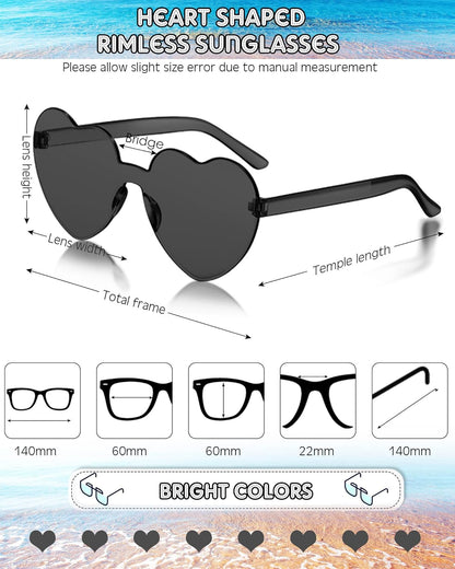 Frienda 8 Pairs Heart Shaped Sunglasses for Women Rimless Heart Glasses Candy Color Sunglasses for Party Favor