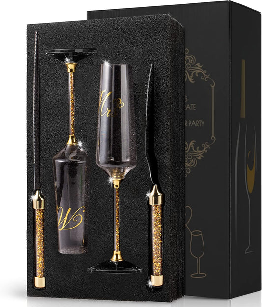 Wedding Cake Knife and Server Set, Mr and Champagne Flutes with Wedding Cake Cutting Set for Bride and Groom Toasting (Clear)