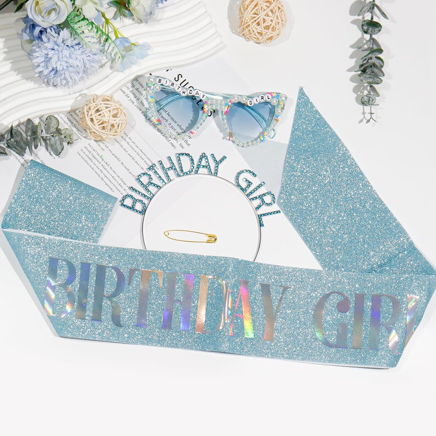 3Pcs Birthday Girl Sash Headband Set-Birthday Sash Tiara and Crown Sunglasses for Girls Women