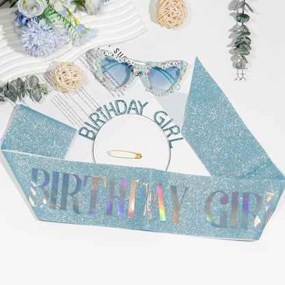 3Pcs Birthday Girl Sash Headband Set-Birthday Sash Tiara and Crown Sunglasses for Girls Women