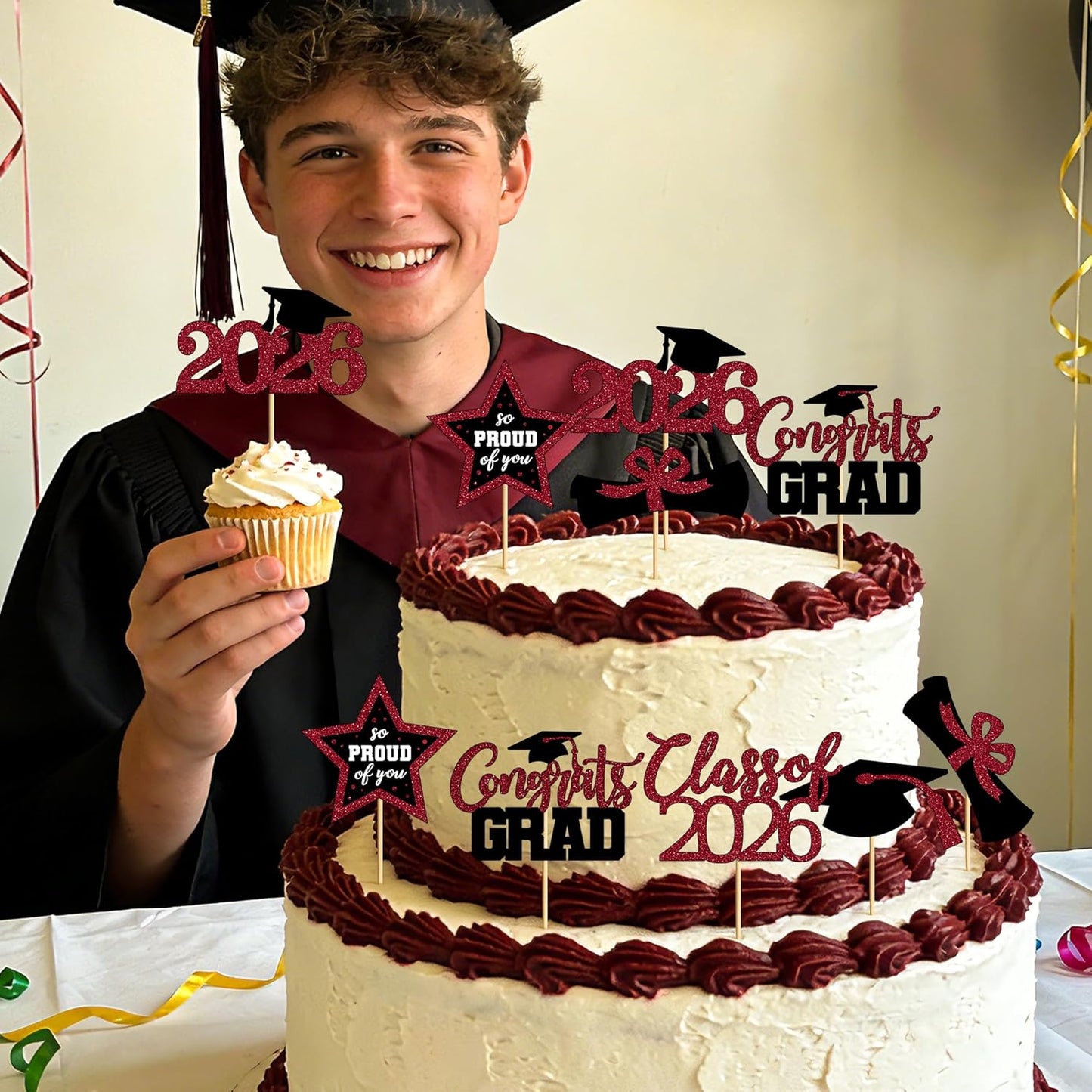 48 PCS Graduation Cupcake Toppers, Glittery 6 Styles Congrats Grad Cake Topper, Black and Red Graduation Decorations 2026, Cap and Diploma Cake Picks for Grad Party Supplies