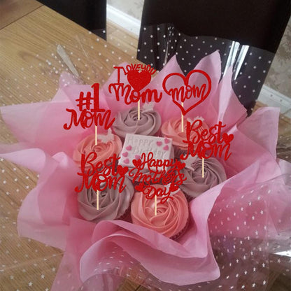 24 PCS Happy Mother's Day Cupcake Toppers with Glitter Heart Love Mother Best Mom Cupcake Picks for Happy Mother's Day Theme Women Birthday Party Cake Decorations Supplies Rose Gold
