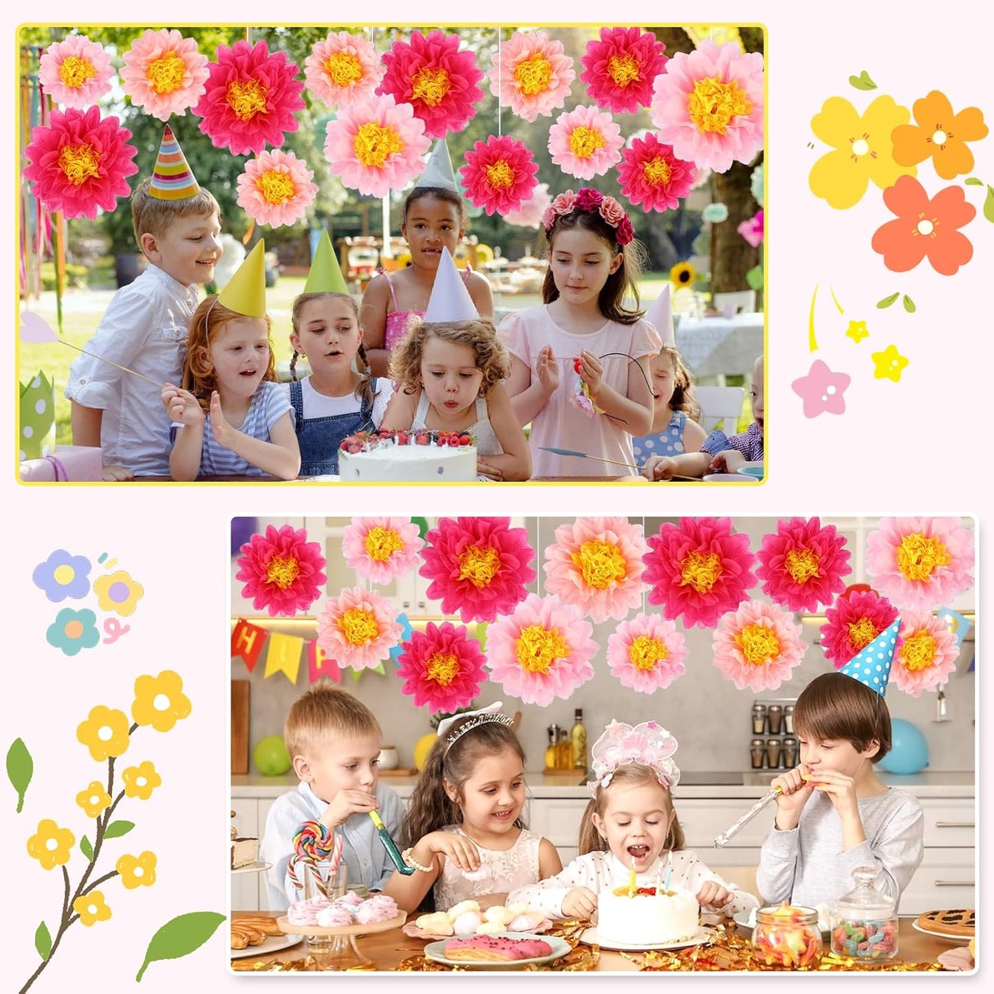 BestoFun 14 PCS Orange & Hot Pink Tissue Paper Flowers – Vibrant Party Decorations for Birthday, Baby Shower, Wedding, Fiesta, and Holiday Events