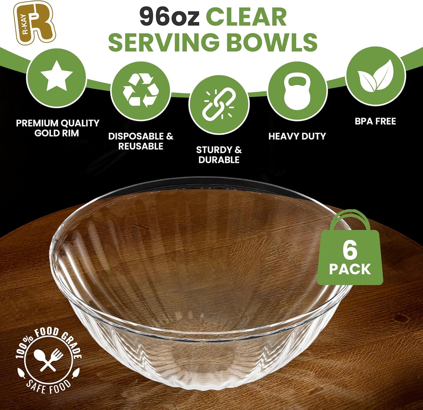 R-kay 6 Pack Extra Large Serving Bowl - 150 Ounce Plastic Serving Bowls For Entertaining - Clear Plastic Bowls For Salads And Snacks - Disposable bowls For All Occasions