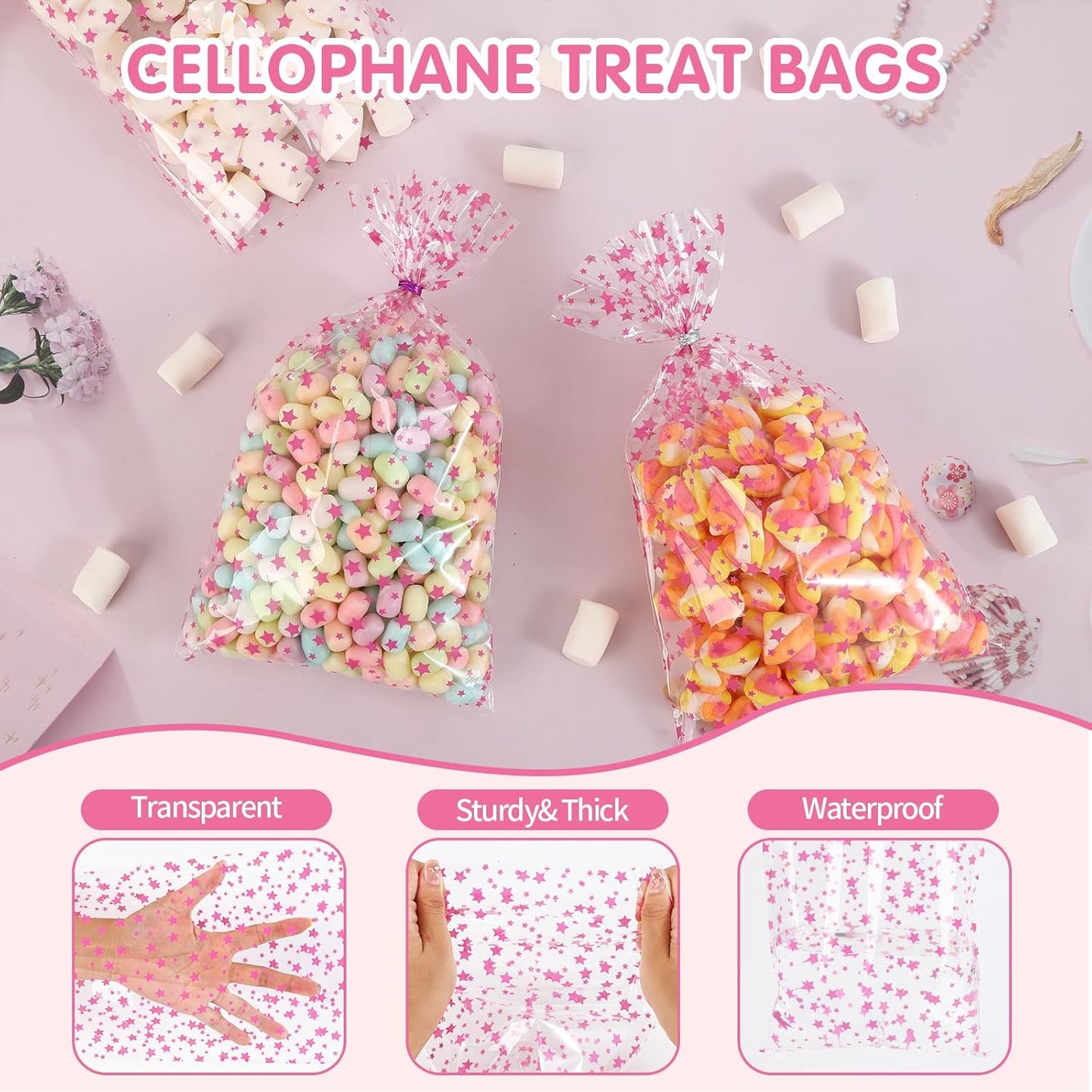 100 Pcs Star Printed 5"X 7" Gift Wrap Cello Cellophane Treat Bags Party Favor bags Clear Candy Cookie Bag Plastic Poly Goodie Storage Bag with Twist Ties for Bakery,Birthday, Wedding ,Party Decorations (Gold)