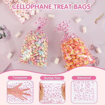 100 Pcs Star Printed 5"X 7" Gift Wrap Cello Cellophane Treat Bags Party Favor bags Clear Candy Cookie Bag Plastic Poly Goodie Storage Bag with Twist Ties for Bakery,Birthday, Wedding ,Party Decorations (Gold)