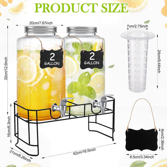 FillTouch 2 Pack 2 Gallon Glass Drink Dispenser Glass Beverage Dispenser with Stand Spigot and Filter Leakproof Water Jar Clear Iced Drink Jug for Parties Juice Lemonade Picnics Fridge