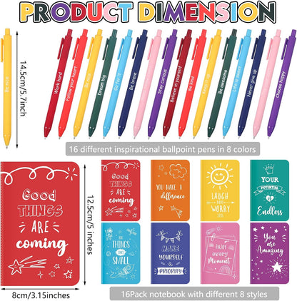 Funrous 32 Pcs Motivational Quote Pens Inspirational Notepads Mini Journal with Ballpoint Pen Small Notebooks Gift for Men Women Coworker Adult Party Favors Prize Teacher Student Office(Stylish)