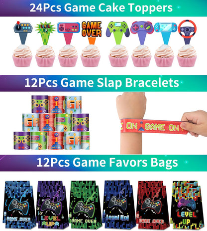 PLOUGVI 320PCS Video Game Party Favors for Kids-Including Goodie Bags, Glasses, Straws, Bubble Wands, Stickers, Cake Toppers, Tattoos & More-Perfect for Theme Party Decorations & Piñata Fillers