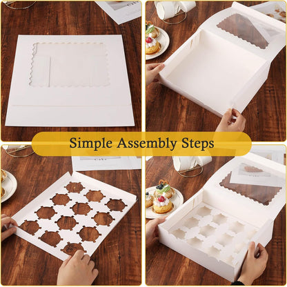 12-Count White Cupcake Boxes with Window and Insert, 13x10x3.5 Inch, Set of 10, Suitable for Cupcakes, Muffins, and Cookies