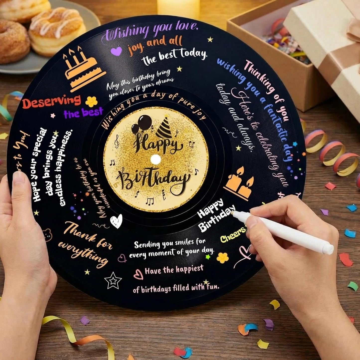 REEGII Vinyl Record Style Birthday Guest Book for Birthday Decorations - Large 11.6"x11.6" Sign-In Poster with 12 Pens | Unique Keepsake Gift for Birthday Party Decor (Happy Birthday, Golden, 11.6"L x 11.6"W)