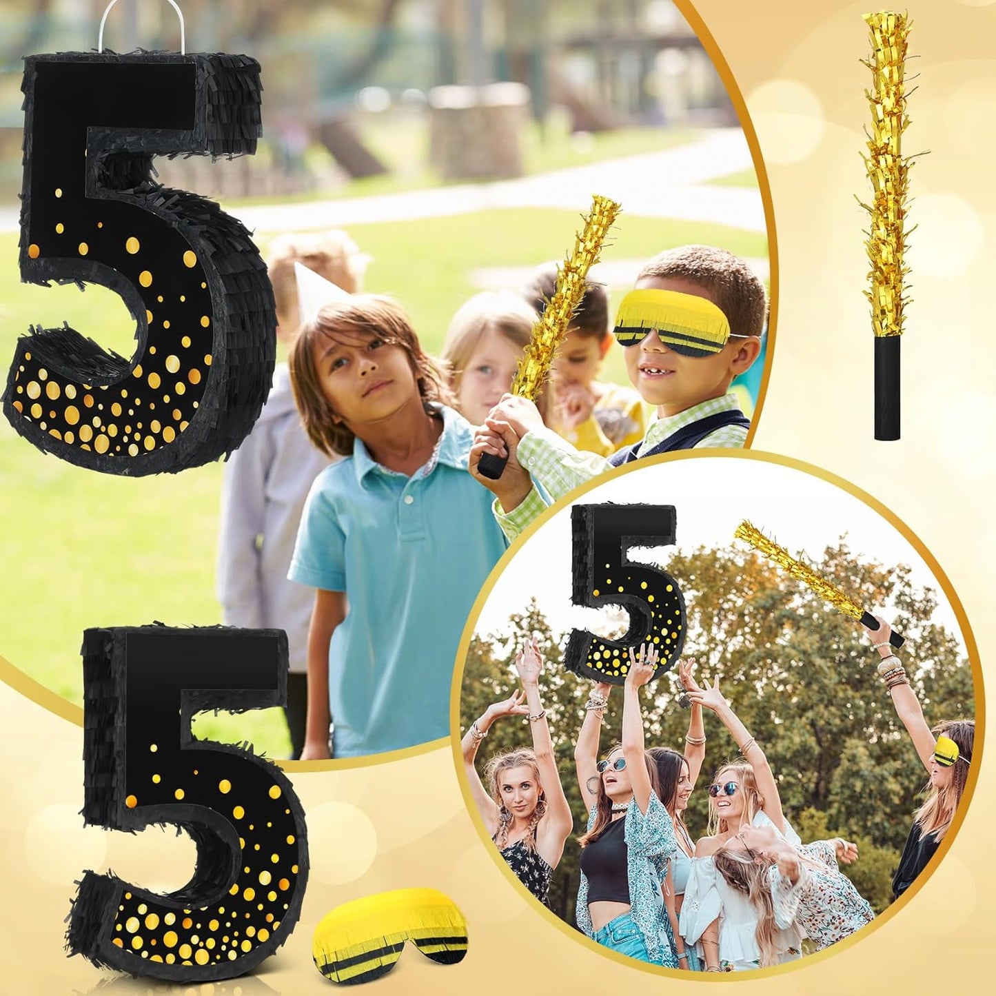 Poen Pinata for Birthday Party Decorations Black Gold Pinata with Blindfold Stick Confetti and Eye Mask for Party Supply Anniversary Baby Shower Retirement Supplies(Number 5)