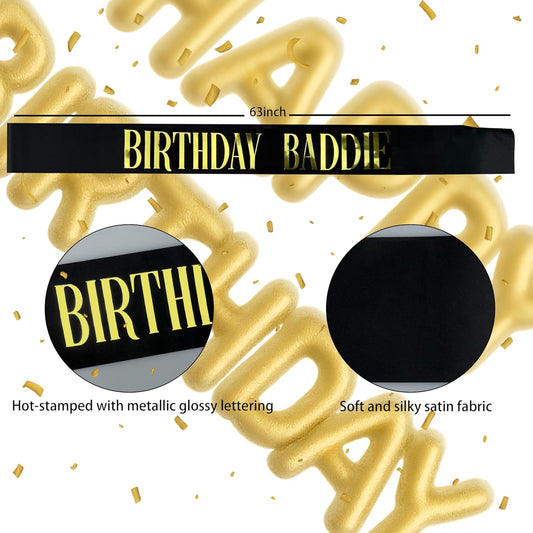Birthday Sash, BIRTHDAY BADDIE SASH Black Glitter Sash with Gold Foil Sparkly Satin Birthday Sash for Women Girls Men Decorations for Party Supplies