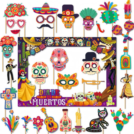 Day of The Dead Photo Booth Props Kit- 30Pcs Día de Los Muertos Party Selfie Props with Photo Booth Frame Cinco de Mayo Sugar Skull Photo Props for Mexican Halloween Party Decoration Supplies