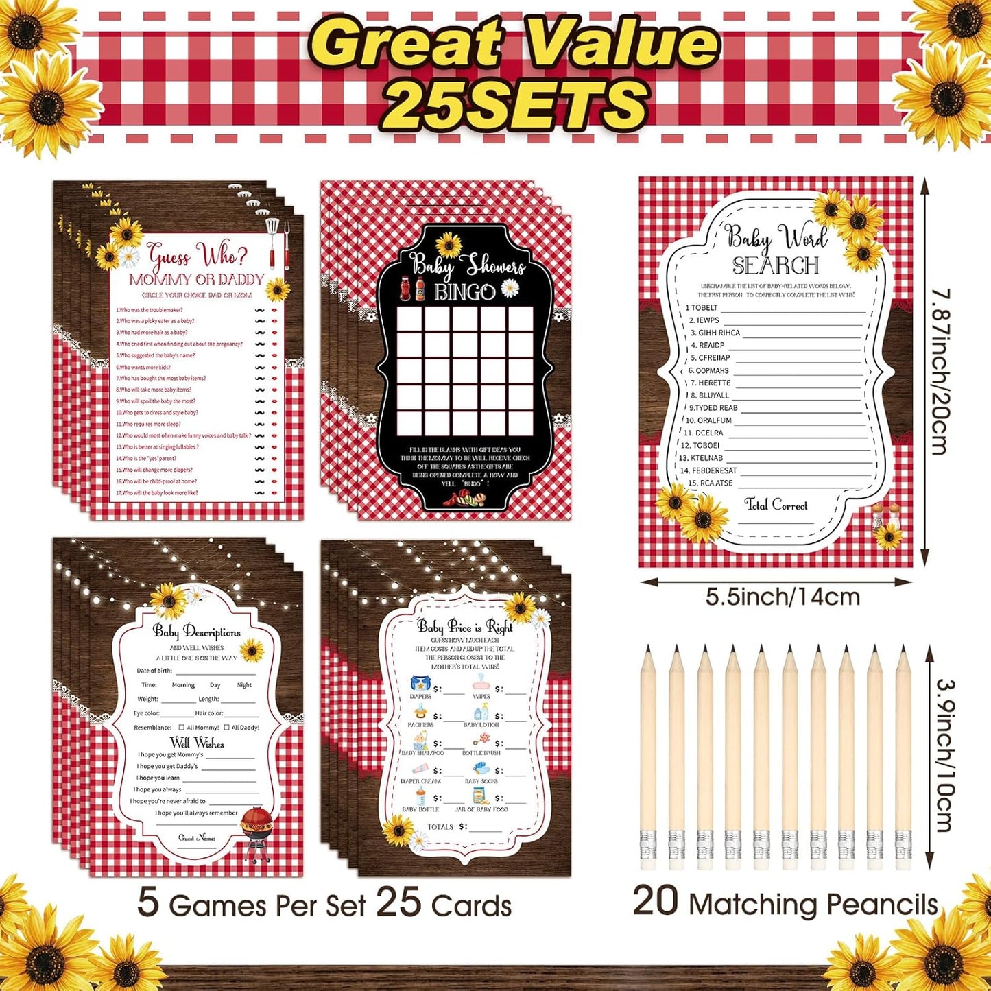 Yinder 145 Pcs Baby Shower Games Activities Cards with 20 Pencils Includes Baby Bingo Description and Wishes Guess Who Price is Right Word Scramble Game(Here Comes the Son)