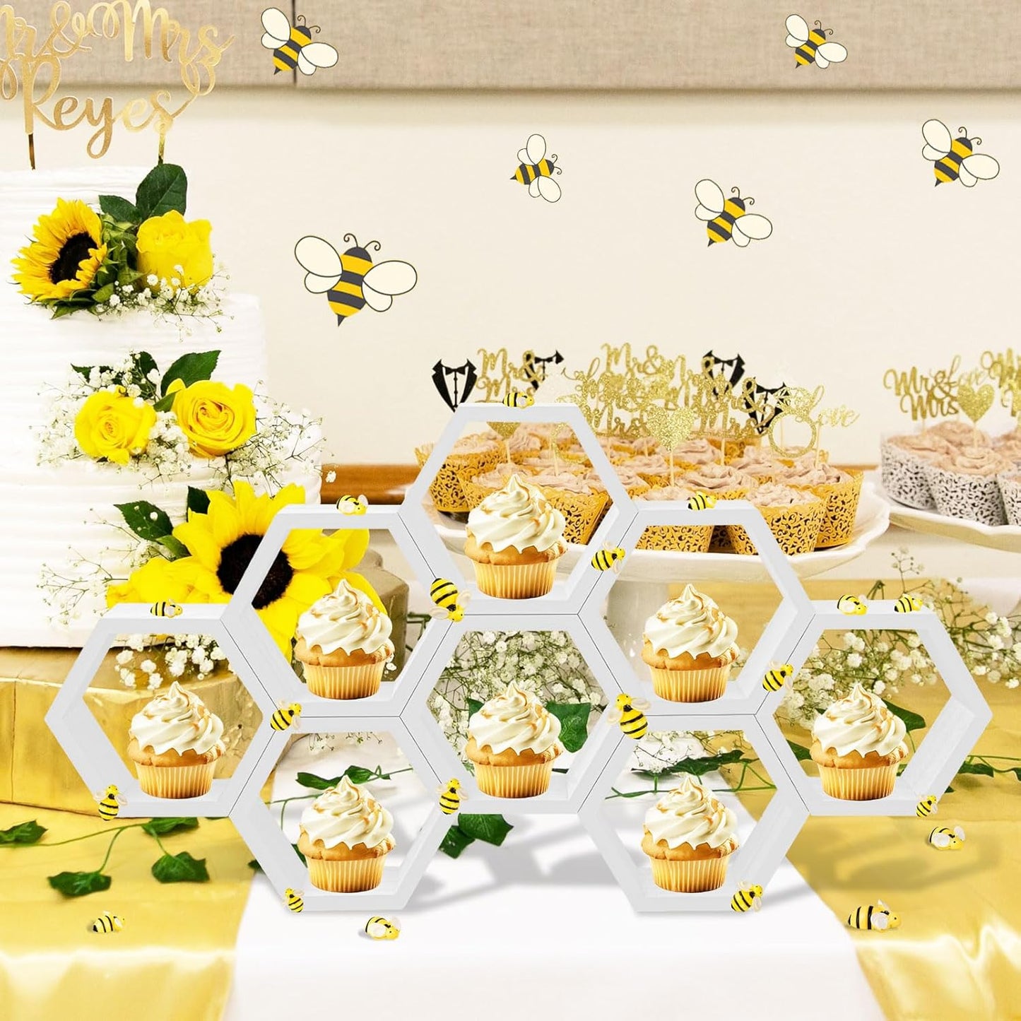 8 Pcs 4.13 Inch Honeycomb Cupcake Stand Cake Farmhouse Hexagon Display Holder Hexagonal Wood Cupcake Stand Floating Table Sign with Wooden Bee for Wedding Baby Shower Birthday Party Table Decorations