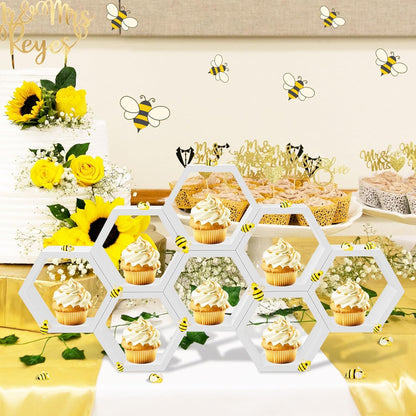 8 Pcs 4.13 Inch Honeycomb Cupcake Stand Cake Farmhouse Hexagon Display Holder Hexagonal Wood Cupcake Stand Floating Table Sign with Wooden Bee for Wedding Baby Shower Birthday Party Table Decorations