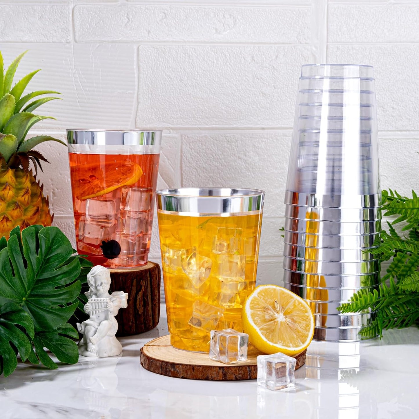 I00000 100 Pack 12 oz Gold Plastic Cups, Gold Rimmed Disposable Cups, Disposable Wine Glasses Cocktail Glasses Premium Cup with Golden Rim, 12 Ounce Plastic Tumblers for Party & Wedding